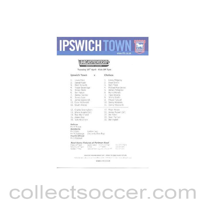 2005 - Ipswich Town v Chelsea teamsheet 19/04/2005