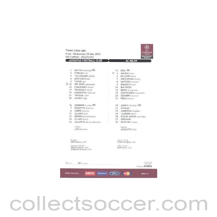 2003 - Juventus v Milan official colour teamsheet 28/05/2003 Champions League Final at Manchester United