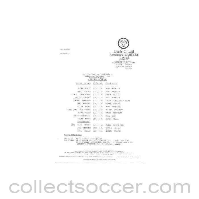 1994 - Leeds United v Aston Villa official teamsheet 16/03/1994