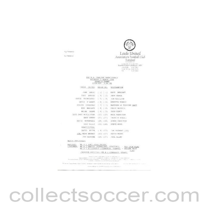 1994 - Leeds United v Southampton official teamsheet 05/03/1994