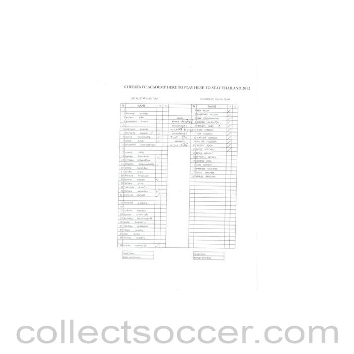 2012 - Leo All Star U19 Thailand vChelsea Youth Team official teamsheet July 2012