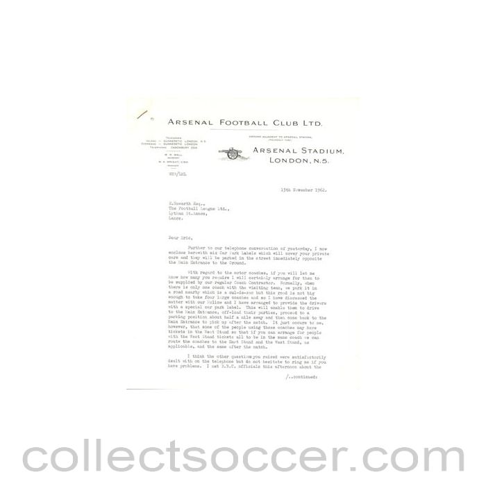 1962 - Letter from Arsenal Stadium, originally signed by the Secretary, of 13/11/1962