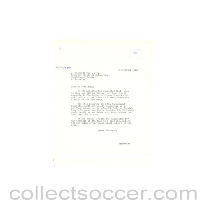 1962 - Letter of The Football League of 08/11/1962 to J. Richards of Barnsley District Cooking Co.