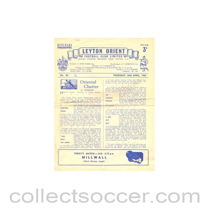 1956 - Leyton Orient v Millwall official programme 26/04/1956