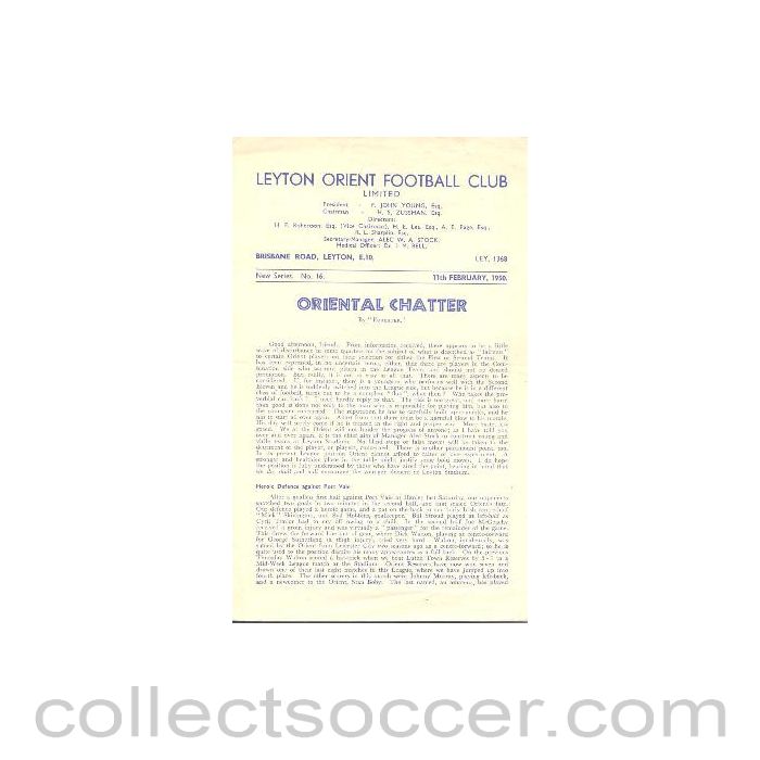 1950 - Leyton Orient v Swindon Town official programme 11/02/1950