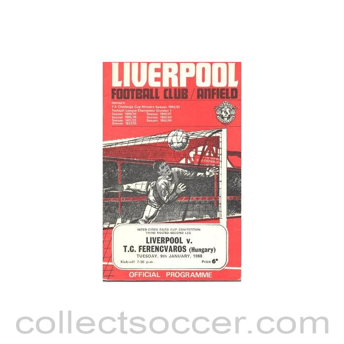 1968 - Liverpool v Ferencvaros, Hungary official programme 09/01/1968