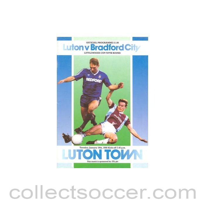 1988 - Luton Town v Bradford City official programme 19/01/1988 Littlewoods Cup