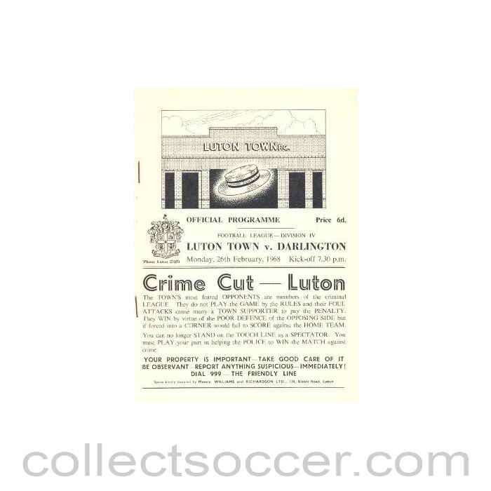1968 - Luton Town v Darlington official programme 26/02/1968