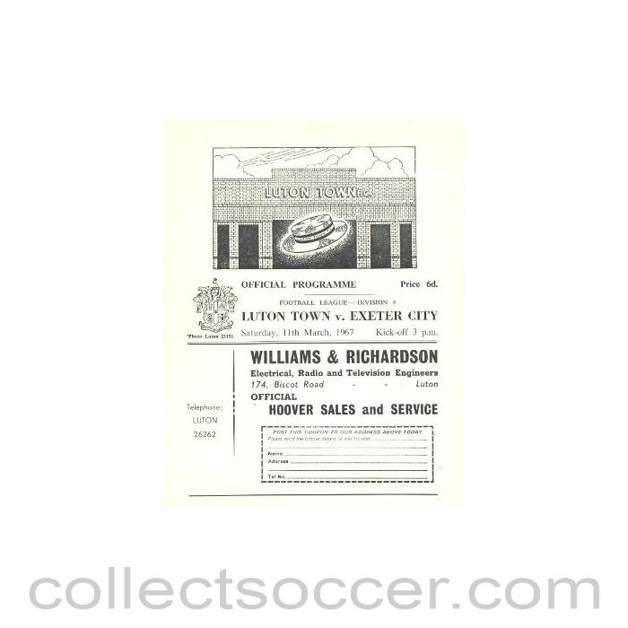1967 - Luton Town v Exeter City official programme 11/03/1967