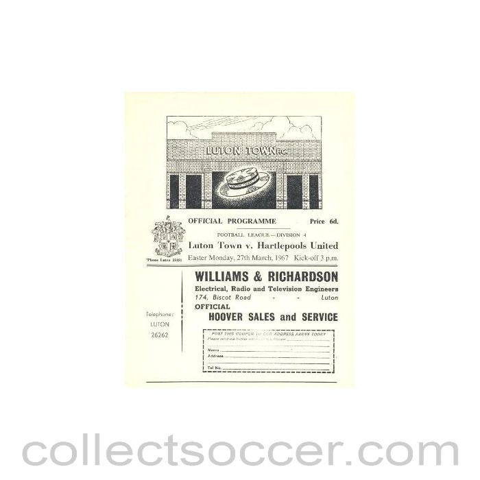 1967 - Luton Town v Hartlepoos United official programme 27/03/1967
