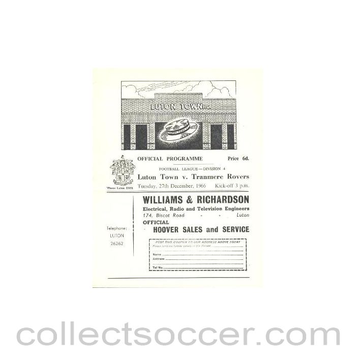 1966 - Luton Town v Tranmere Rovers official programme 27/12/1966