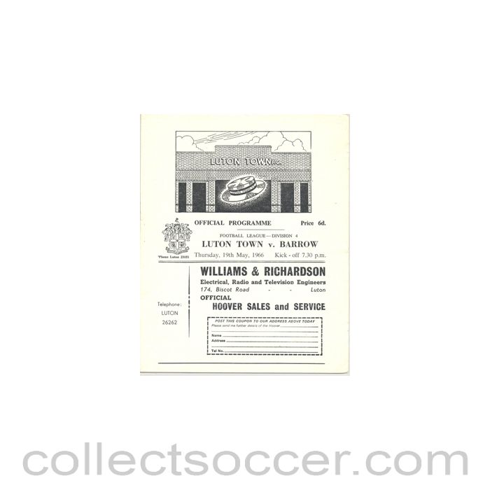 1966 - Luton Town v Barrow official programme 19/05/1966