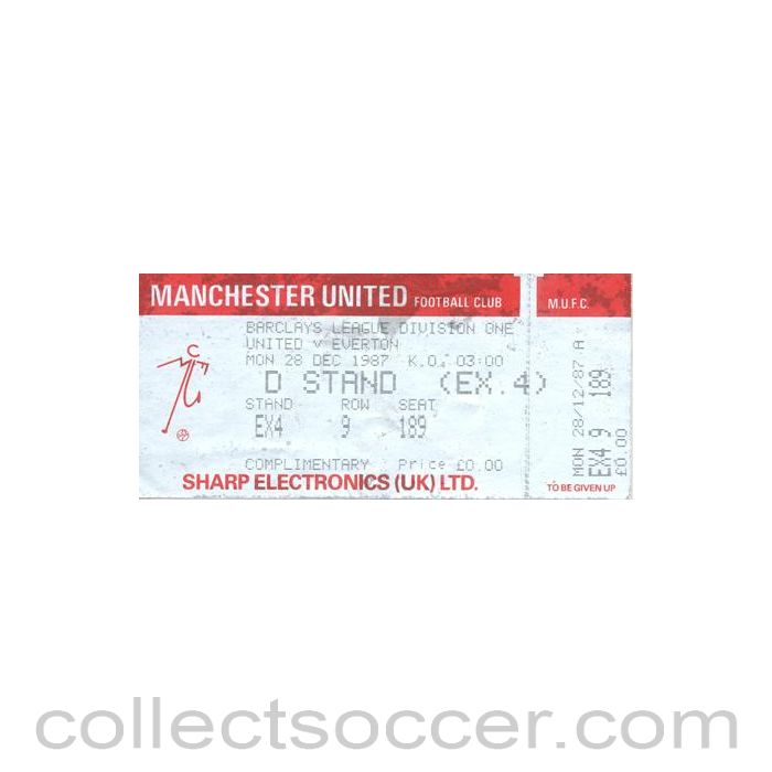 1987 - Manchester United v Everton unused ticket 28/12/1987 Football League