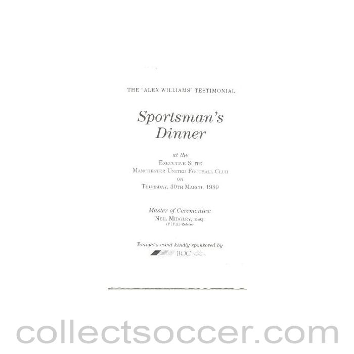 1989 - Manchester United Menu of 30/03/1989 Alex Williams Testimonial Sportman's Dinner