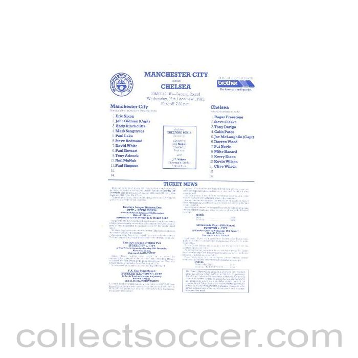 1987 - Manchester City v Chelsea official teamsheet 16/12/1987