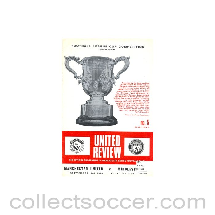 1969 - Manchester United v Middlesbrough official programme 03/09/1969, half price