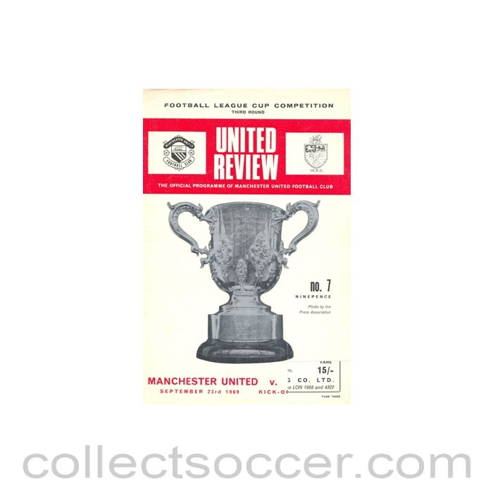 1969 - Manchester United v Wrexham official programme 23/09/1969 token cut, half price