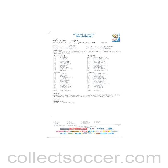 2010 World Cup official colour full-time Match Report Slovakia v Italy 24/06/2010