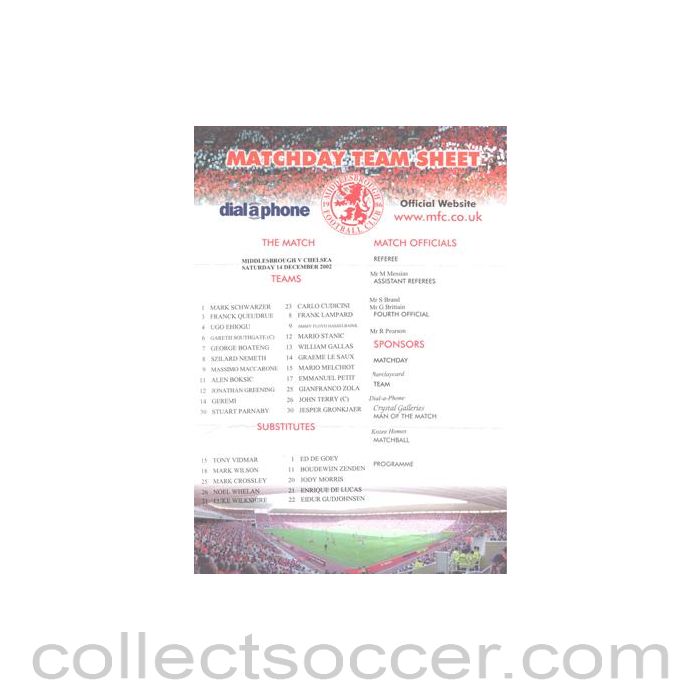 2002 - Middlesbrough v Chelsea official colour teamsheet 14/12/2002 Premier League, half price