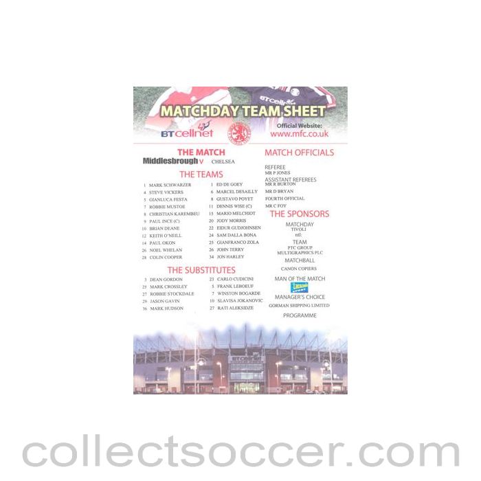 Middlesbrough v Chelsea official colour teamsheet