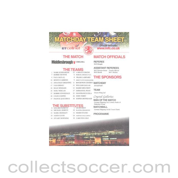 Middlesbrough v Chelsea official colour teamsheet