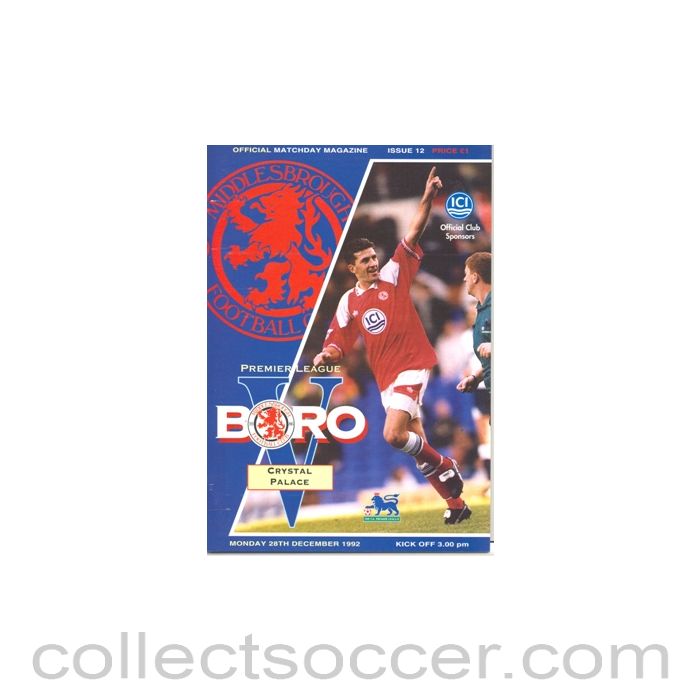 1992 - Middlesbrough v Crystal Palace official programme 28/12/1992