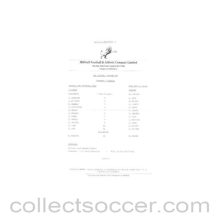 1982 - Millwall v Chelsea official teamsheet 23/11/1982