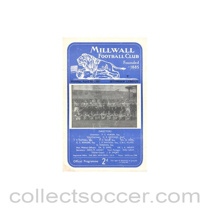 1957 - Millwall v Isthmian League official programme 08/04/1957 Friendly Match