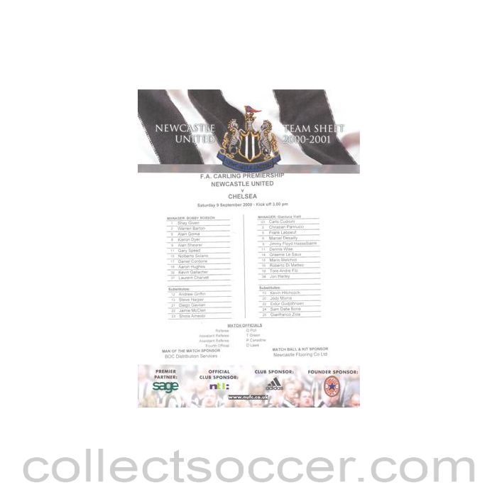 2000 - Newcastle United v Chelsea official colour teamsheet 09/09/2000 Premier League