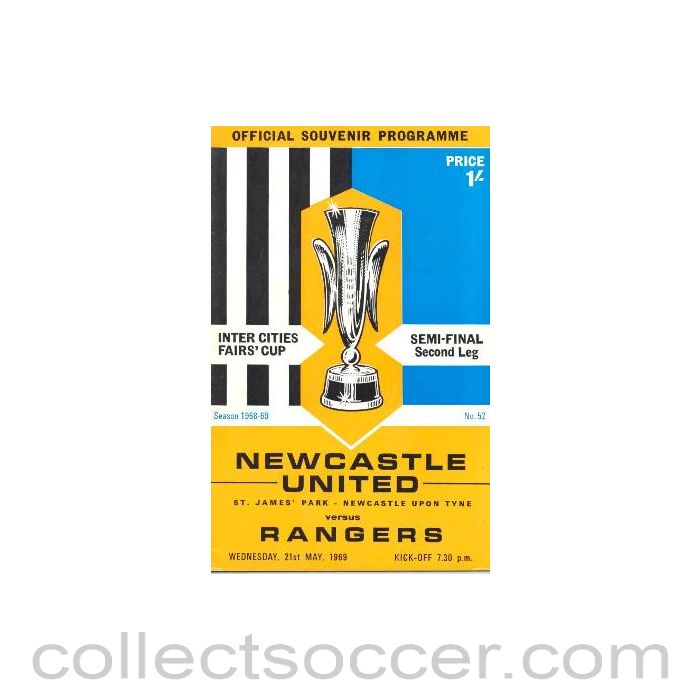 1969 UEFA Cup Semi-Final 2nd Leg Newcastle United v Glasgow Rangers official programme 21/05/1969