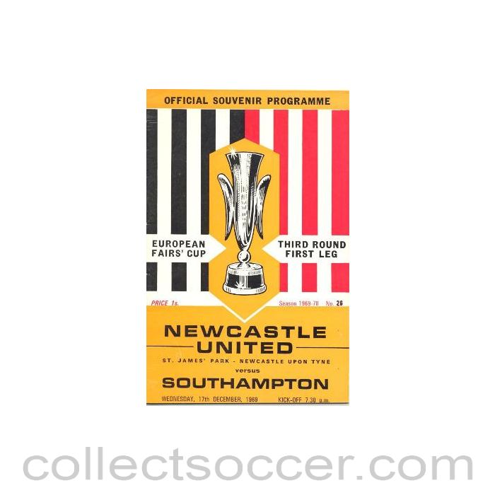1969 Newcastle United v Southampton European Fairs Cup Third Round First Leg official programme 17/12/1969