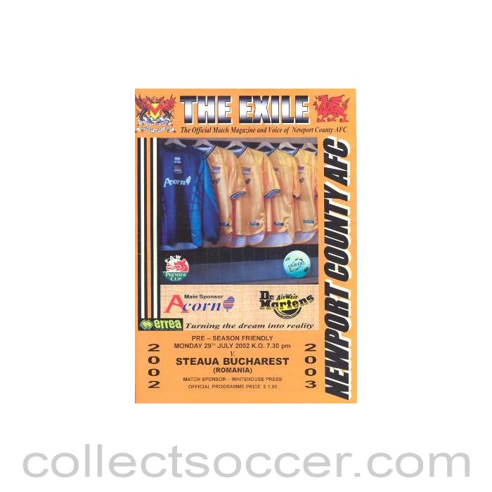 2002 - Newport County v Steaua Bucharest Romania official programme 29/07/2002 Pre-Season Friendly