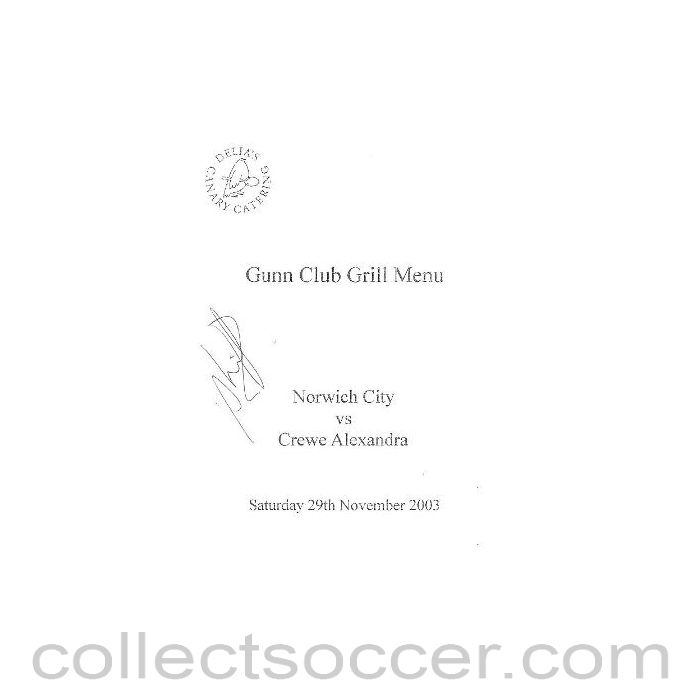 2003 - Norwich City v Crewe Alexandra signed menu 29/11/2003