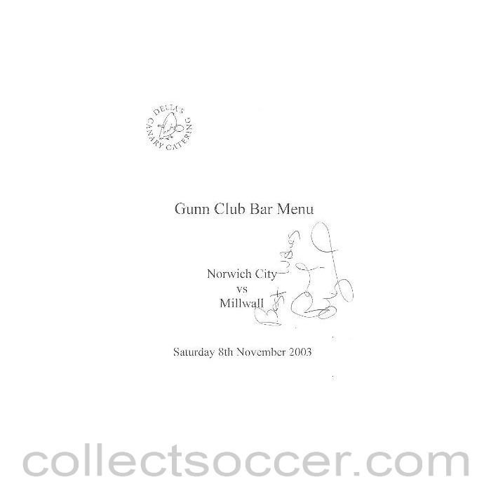 2003 - Norwich City v Millwall signed menu 08/11/2003