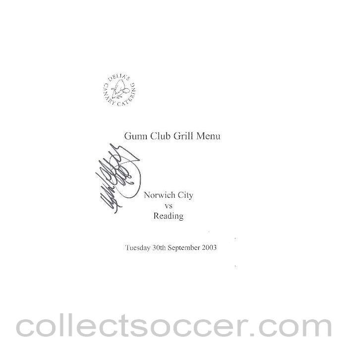 2003 - Norwich City v Reading signed menu 30/09/2003