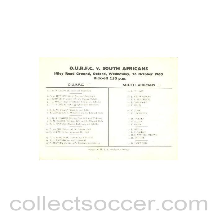 1960 - O.U.R.F.C. v South Africans official cricket programme 26/10/1960