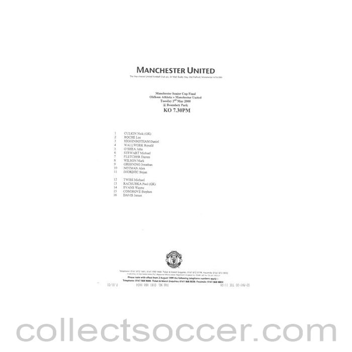 2000 - Oldham Athletic v Manchester United official teamsheet 02/05/2000 Manchester Senior Cup Final