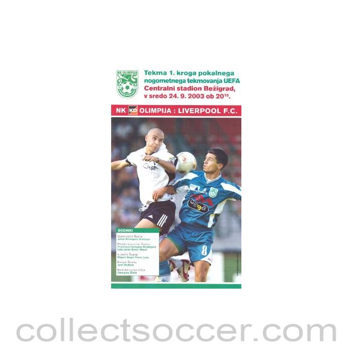 2003 - Olympia, Slovenia v Liverpool official programme 24/09/2003
