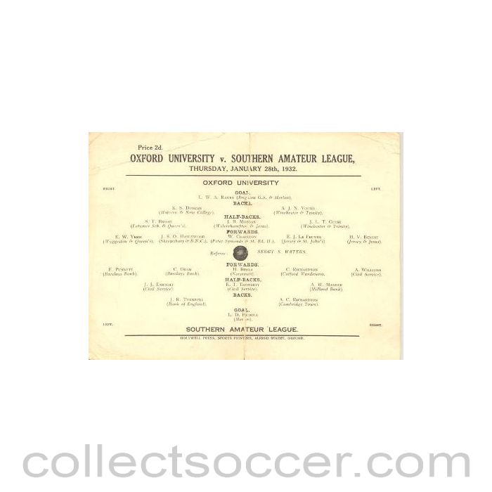 1932 - Oxford University v Southern Amateur League 28/01/1932 Very Rare!