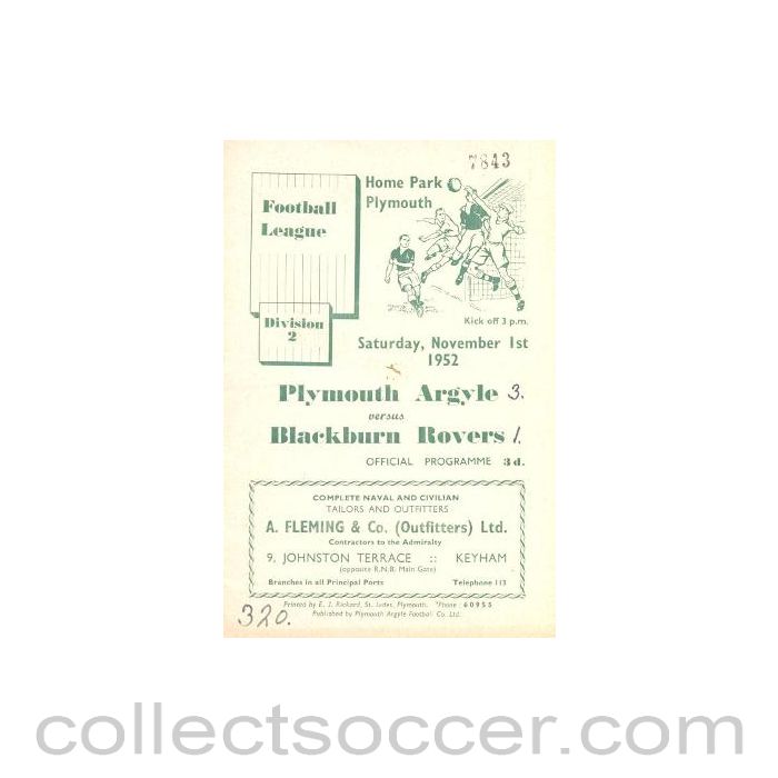 1952 - Plymouth Argile v Blackburn Rovers official programme 01/11/1952