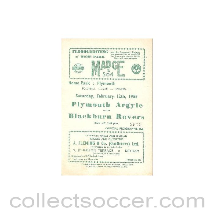 1955 - Plymouth Argile v Blackburn Rovers official programme 12/02/1955