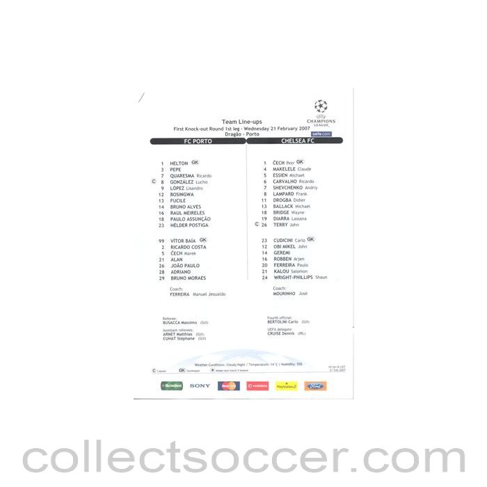 2007 - Porto v Chelsea Line-Ups 21/02/2007 Champions League