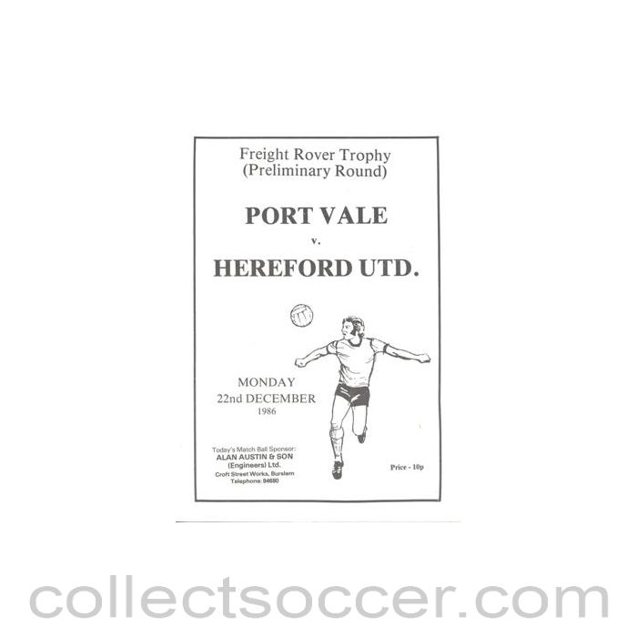 1986 - Port Vale v Hereford United official programme 22/12/1986 Freight Rover Trophy