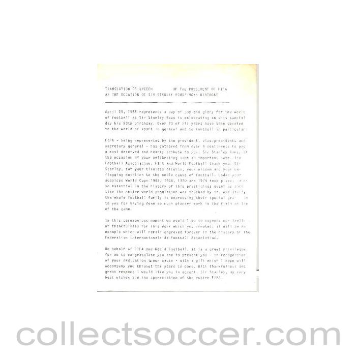 Translation of speech of the President of FIFA at the ocasion of Sir Stanley Rous 90th birthday