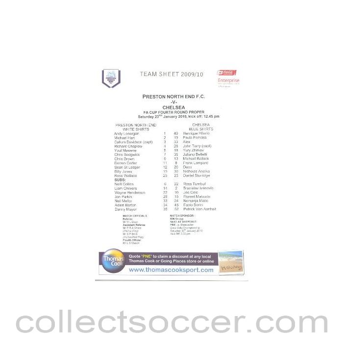 2010 - Preston North End v Chelsea teamsheet 23/01/2010