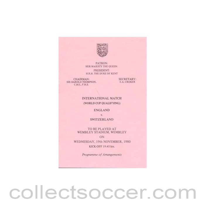 1980 England v Switzerland programme of arrangements Royal Box