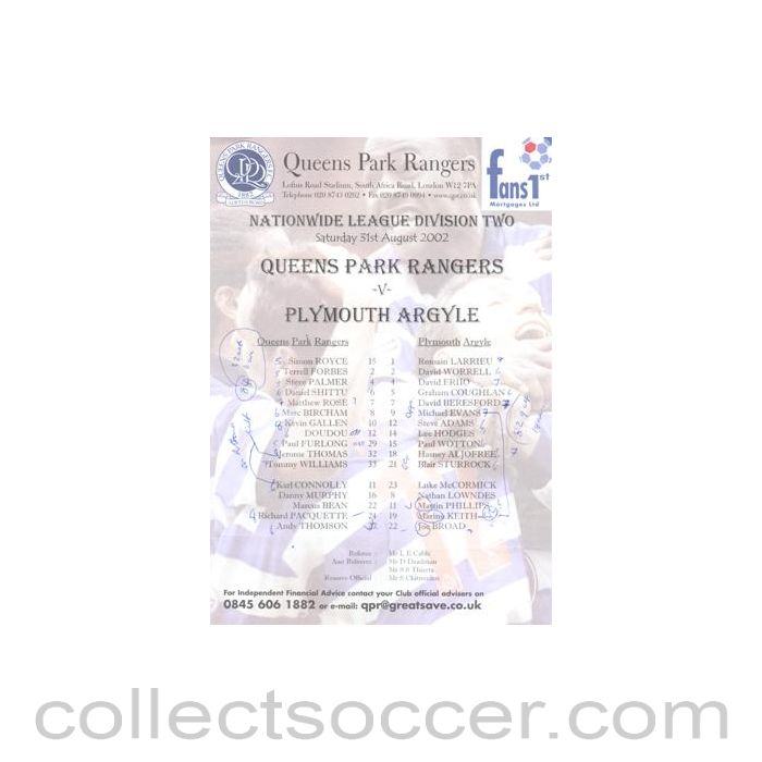 2002 - Queen's Park Rangers v Plymouth Argyle official colour teamsheet 31/08/2002 Football League, some notes on the game in pen