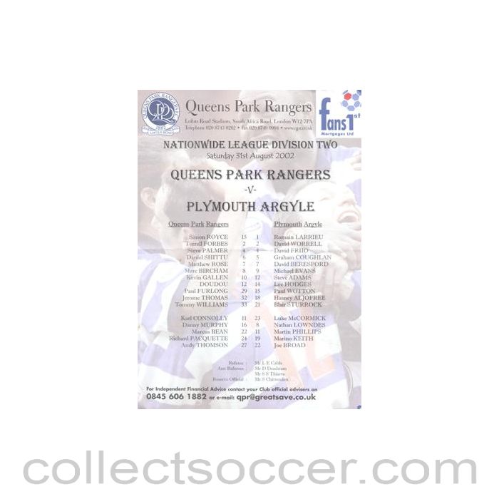 2002 - Queen's Park Rangers v Plymouth Argyle official colour teamsheet 31/08/2002 Football League