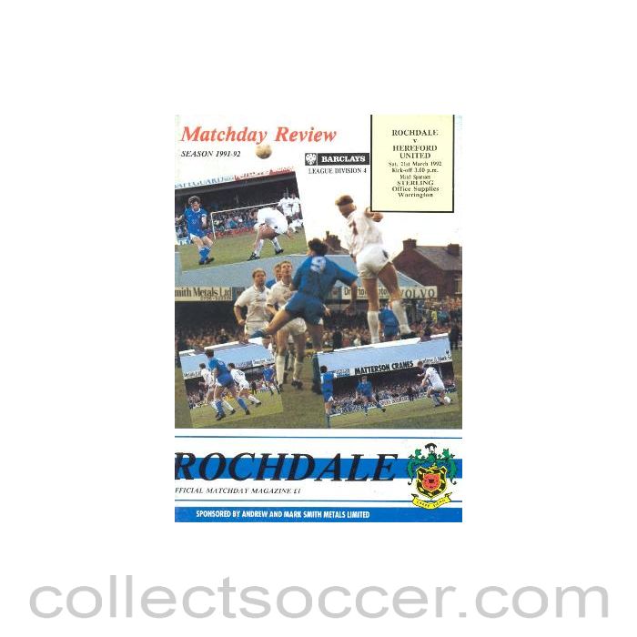 1992 - Rochdale v Hereford United official programme 21/03/1992
