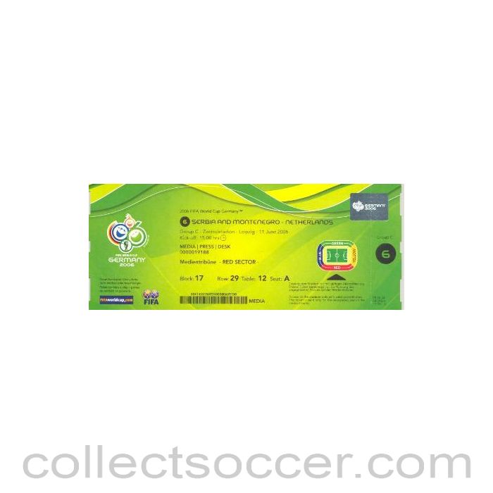 2006 - World Cup Germany 2006 Serbia Montenegro v Netherlands press pass 11/06/2006